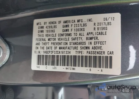 2012 Honda Accord 2.4 Lx z USA, uszkodzony, nr VIN 1HGCP2F32CA181334